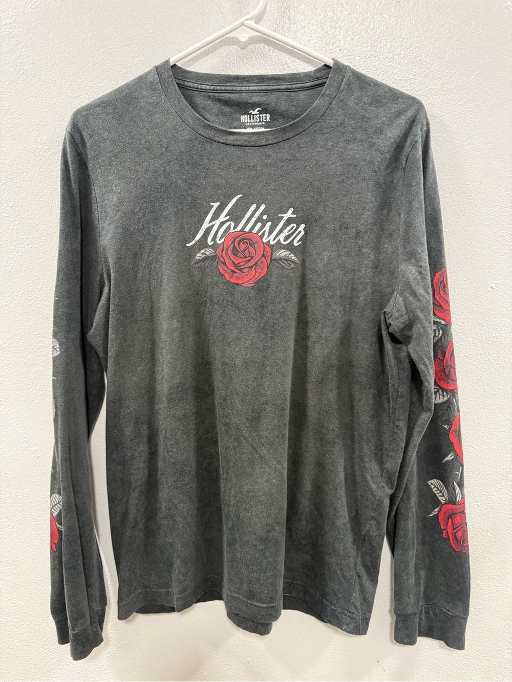 Hollister Black Long-Sleeve Tee with Red Rose Graphics